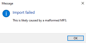 how to fix Import Failed this is likely caused by a malformed MP3 audacity