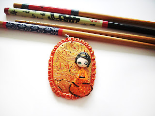 figurine, geisha, polymer clay jewelry, handmade, pendant