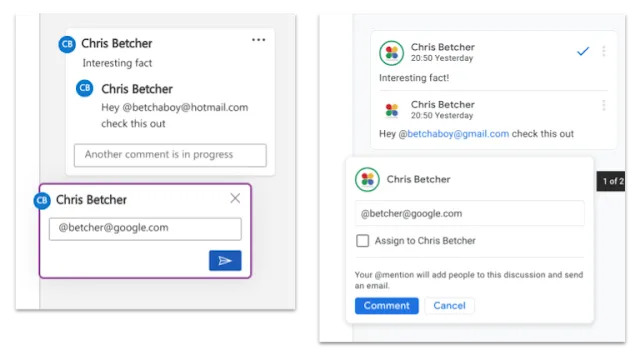 Docs, right, turns @mentions into links that email the person, and can also assign comments to people for response. I can’t see how to do the same in Word