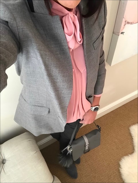 My Midlife Fashion, J Crew Regent Blazer, Bow blouse somerfield by alice temperley, hush thornton ankle boots, the white company oxford ulitmate trousers, village england fulmer bag