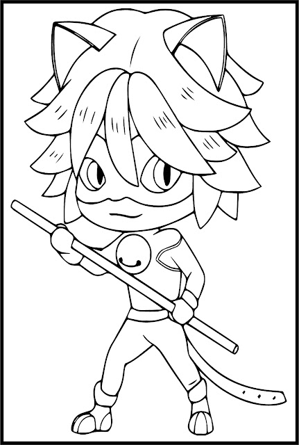 Cute Cat Noir Holds a Stick Coloring Pages