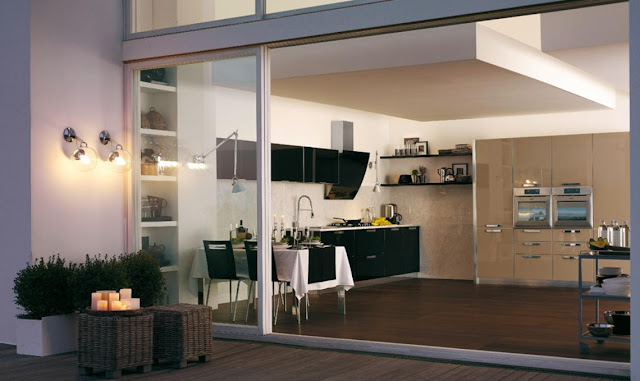 Modern kitchen with brown red blue theme, area by stoso-9