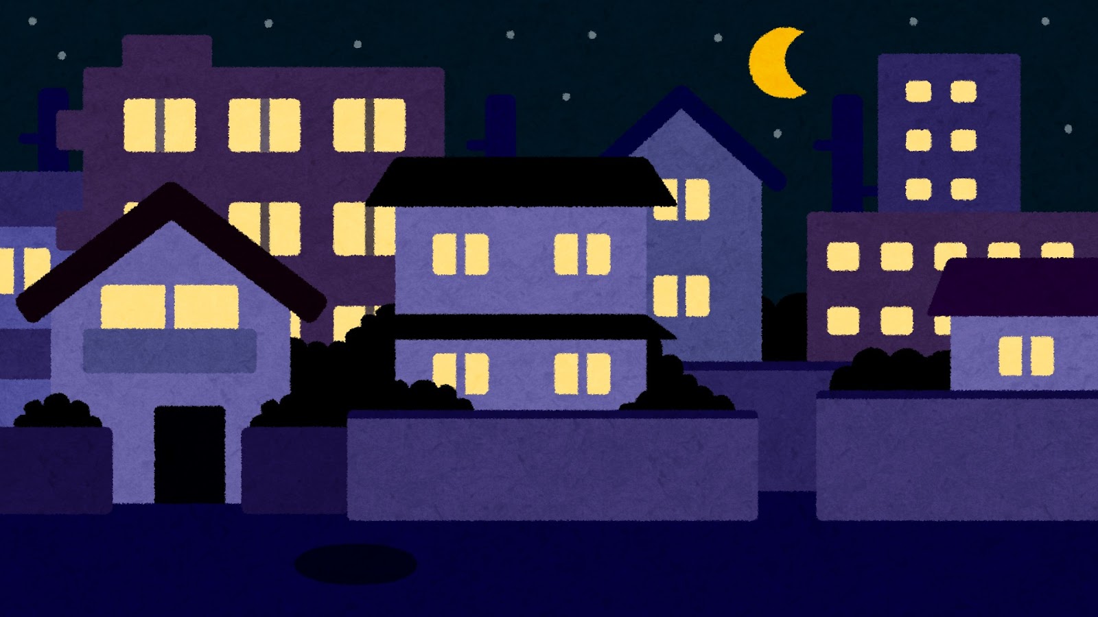 無料イラスト かわいいフリー素材集 夜の住宅街のイラスト 背景素材