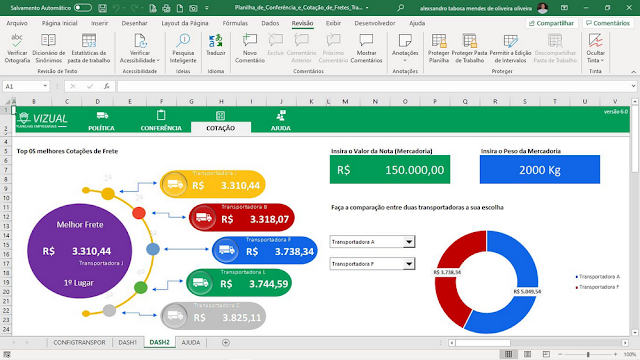 Planilha de Conferência e Cotação de Fretes Transportadora em Excel