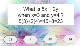 What is 5x + 2y  when x=3 and y=4 ? 5(3)+2(4)=15+8=23