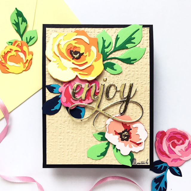 Altenew floral card with Jumbo garden picks, colorful flower card, Ishani cards, Quillish, Diecut floral card