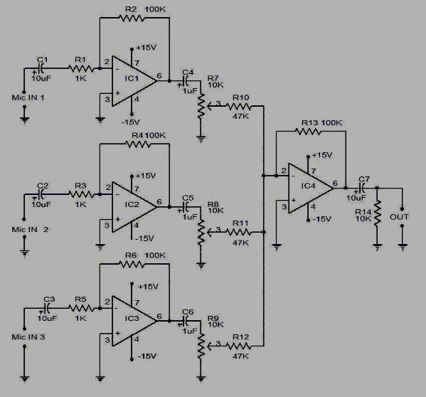 Rangkaian Pre Amp mic 3 input lm741 Koleksi Skema Rangkaian Pre Amp mic 3 input lm741 Koleksi Skema