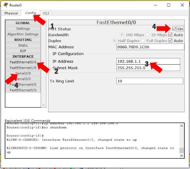 Setting IP address untuk FastEthernet dan Serial