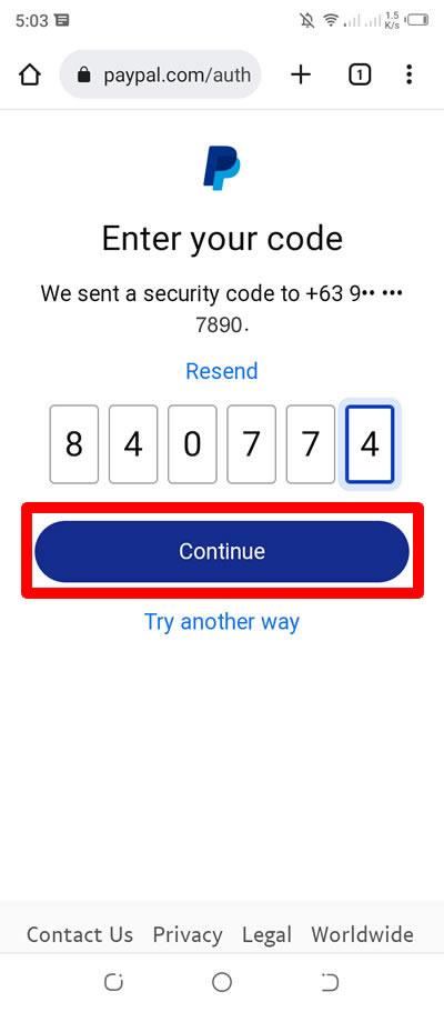 security code sent to paypal registered number
