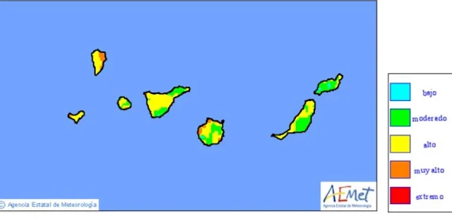 Canarias con riesgos altos por incendios forestales 6 julio Gran Canaria, La Palma el hierro  puntos niveles muy alto