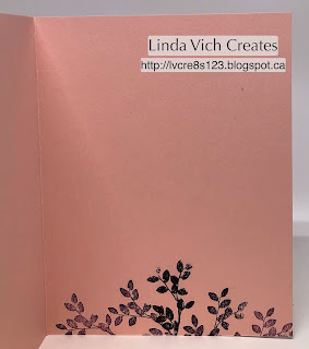 Because the Powder Pink card base was very light, I decided to stamp directly on it with the tiny leaves from the stamp set, stamping first full strength, and then stamping off for the remaining leaves.