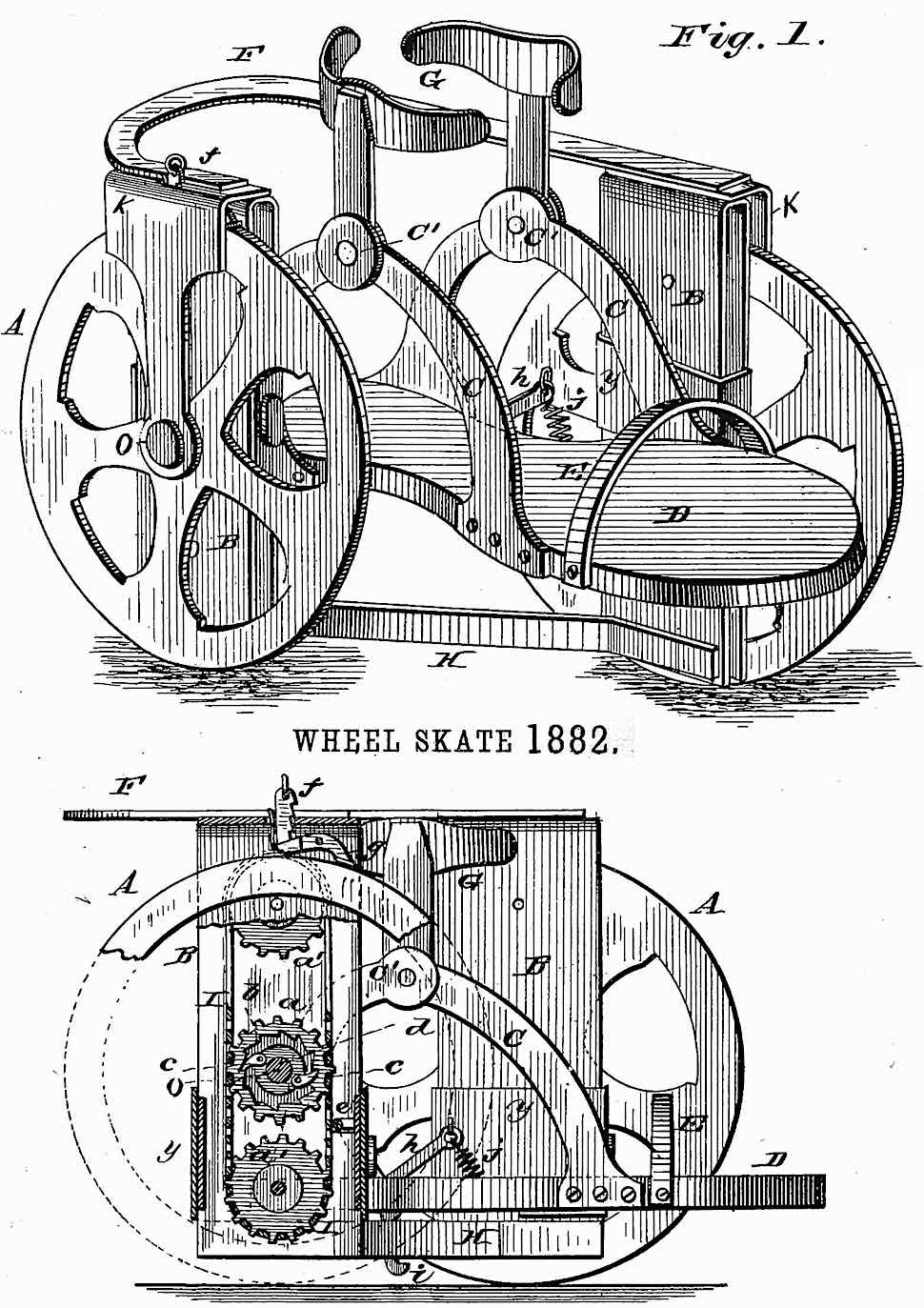 a patent application illustration for the Wheel Skate, an 1882 pedestrian vehicle for sidewalks