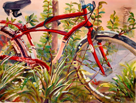 Bicycle entangled with plants