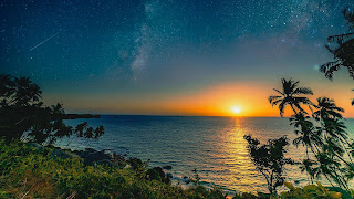 Wallpaper Sunset, Sea, Beach, Tropical, Night, Palm Tree, Stars