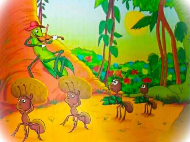 The Grasshopper Fanny saw the ants carrying food items to their homes.