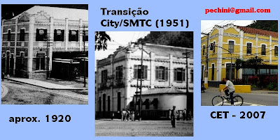 Montagem sobre fotos: 1920 - Painel na portaria da Companhia de Engenharia de Tráfego de Santos; 1951 - Foto constante no Relatório de Serviço de Bondes de 1951; Foto de Emilio Pechini em junho de 2007