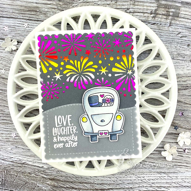 Newton's Nook Designs & Therm O Web Inspiration Week | Shiny Fireworks Wedding Card by Jennifer Jackson | Destination Love Stamp Set and Fireworks Stencil by Newton's Nook Design with rainbow Deco foil by Therm O Web #newtonsnook #handmade