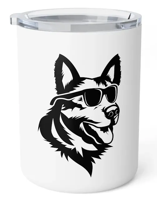 Insulated Stainless Steel Coffee Mug With Close Up Face of German Shepherd Graphic Wearing Black Glasses