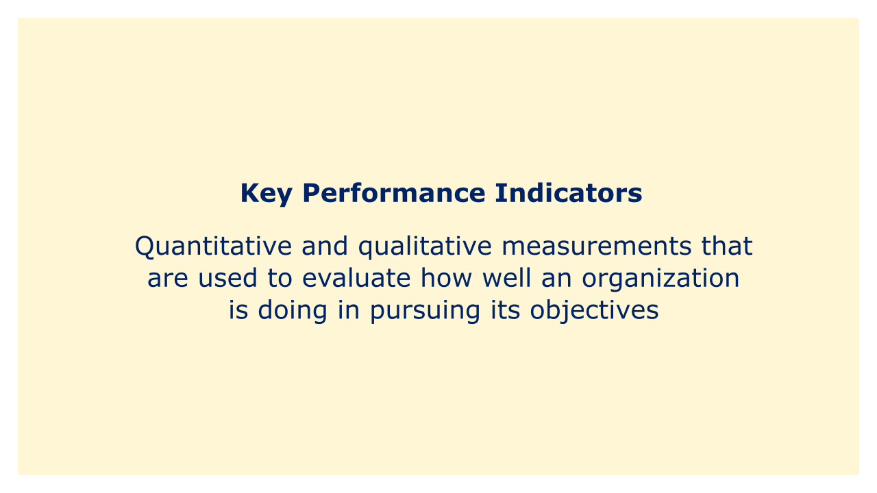 Quantitative and qualitative measurements that are used to evaluate how well an organization is doing in pursuing its objectives.