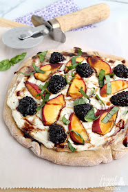 Topped with creamy ricotta & mascarpone cheeses, juicy peaches, & sweet blackberries, these sweet & savory personal sized pizzas are perfect for summertime.
