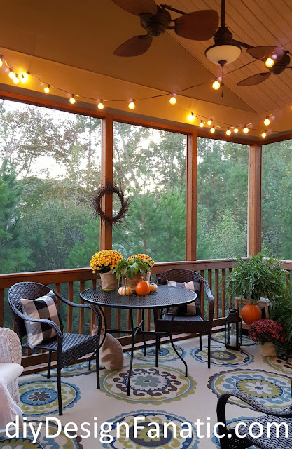 screened porch, cottage, cottage style, farmhouse, farmhouse style, Fall, Fall Decorating,  Cat Cave, Lighted Grapevine Orb