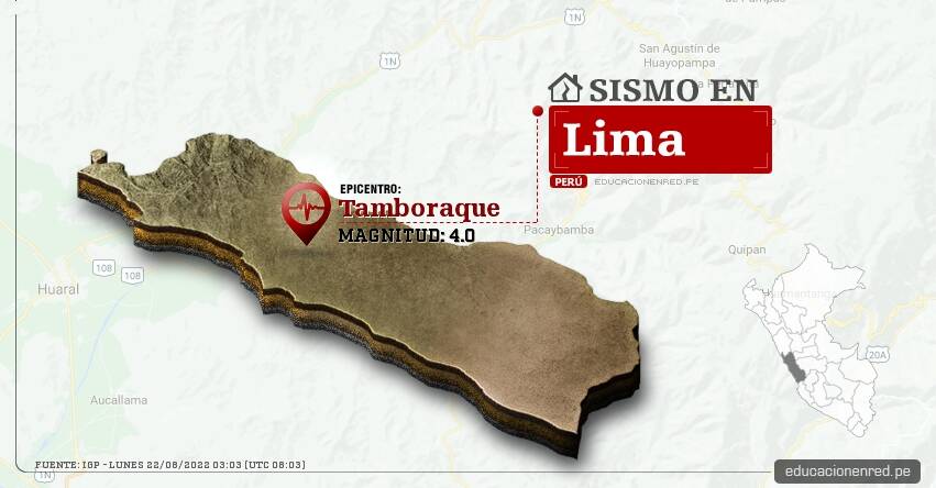 Temblor en Lima de Magnitud 4.0 (Hoy Lunes 22 Agosto 2022) Sismo - Epicentro - Tamboraque - Huarochiri - IGP - www.igp.gob.pe
