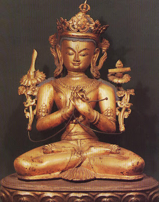 Manjusri, the Buddhist god of wisdom and grammatical knowledge. His sword is the symbol of enlightenment. Tibetan gilded bronze, seventeenth century. Victoria and Albert Museum, London. 