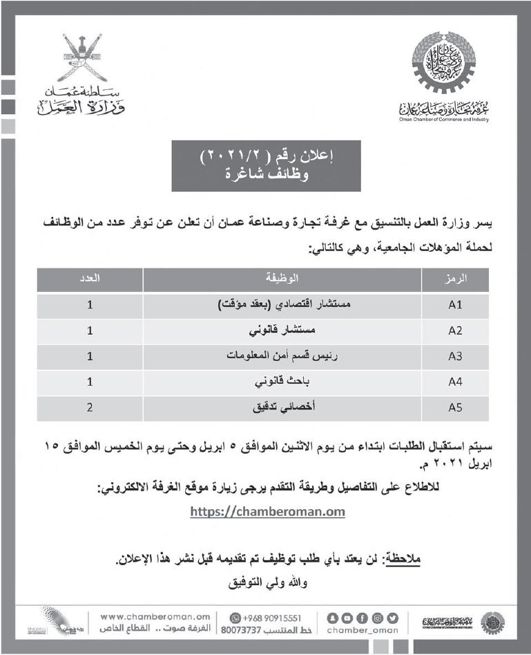 غرفة وتجارة وصناعة عمان بالتنسيق مع وزارة العمل وظائف شاغرة