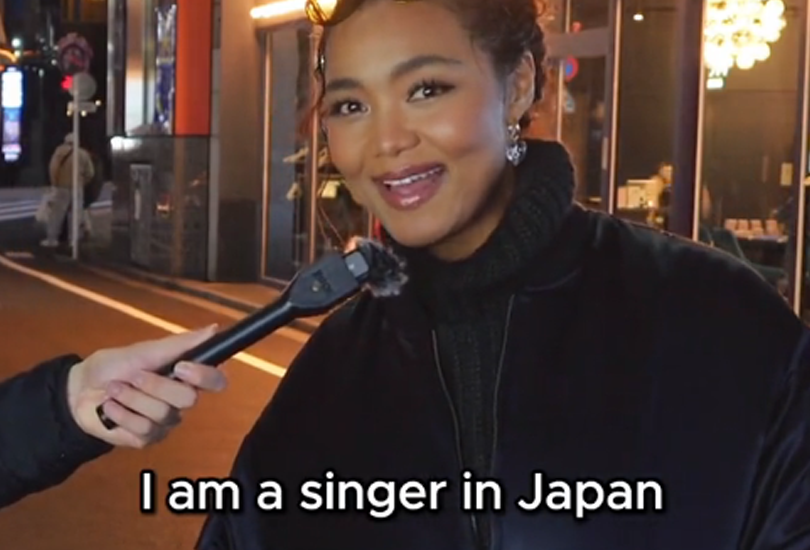 A screen capture from one of Takashii from Japan’s TikTok’s, where he is interviewing Crystal Kay. The on-screen caption reads ‘I am a singer in Japan’.