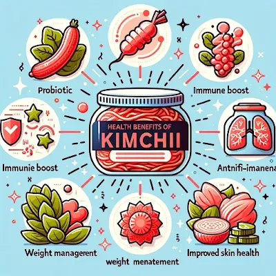 Illustration showing the health benefits of kimchi, with visuals representing probiotics, immune system boost, anti-inflammatory properties, weight management, and improved skin health.