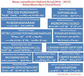 Nama-nama Menteri Kabinet Kerja(2014 - 2019) dalam Aksara Karo(Bagian I) catatan: Nama-nama di atas telah disesuaikan dengan ejaan dalam Bahasa Karo. Mejuah-juah.