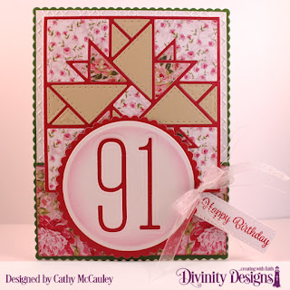 Divinity Designs Stamp Set: Treat Tag Sentiments 3, Paper Collection: Pretty Pink Peonies, Embossing Folder: Cross Stitche, Custom Dies: Quilted Triangles, Treat Tags, Scalloped Rectangles, Scalloped Circles, Circles, Long & Lean Numbers