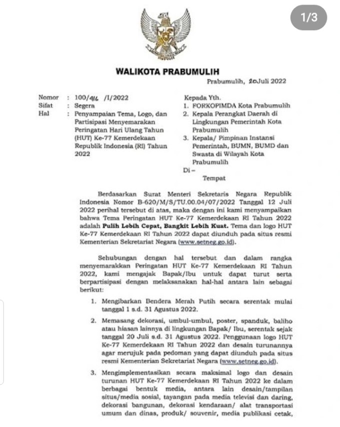 25 Juli 2022 Surat edaran Walikota