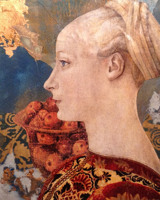 A pale Rennaisance era woman (in profile )is set against a blue and gold background which includes a bowl of fruit and an insect larvae.