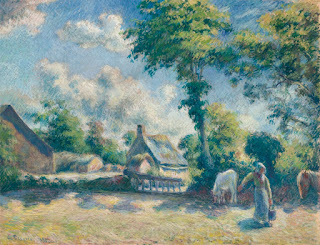 Камиль Писсарро Camille Pissarro (1830 - 1903) Пейзаж в Меллерей.Женщина несет воду лошадям 1881