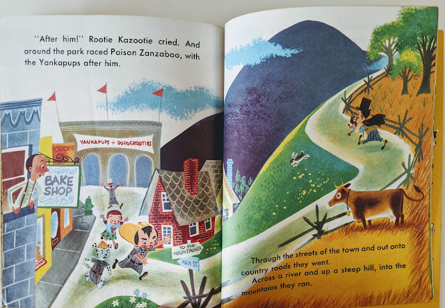 Picture of children's book pages with illustration of children running on a road