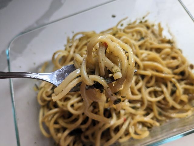 A forkful of Trader Joe's Garlicky Pasta.