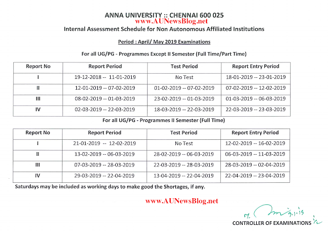 Anna University Academic & Internal Assessment Schedule 2019 for Even Semester April May 2019 Exams