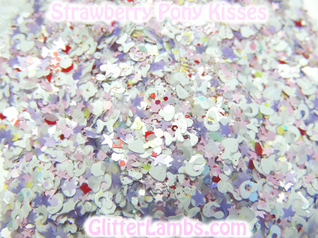 Glitter Lambs "Strawberry Pony Kisses" Nail Polish has an assorted mix of glitters of white opal iridescent hex, white bows, lavender stars, red and white hex, micro pink hex, micro iridescent glitters, pastel colored hex glitters in blues, yellows, and pink, Pink mini stars, white hearts, white leopard spot glitters, micro holographic burnt amber orange glitters.