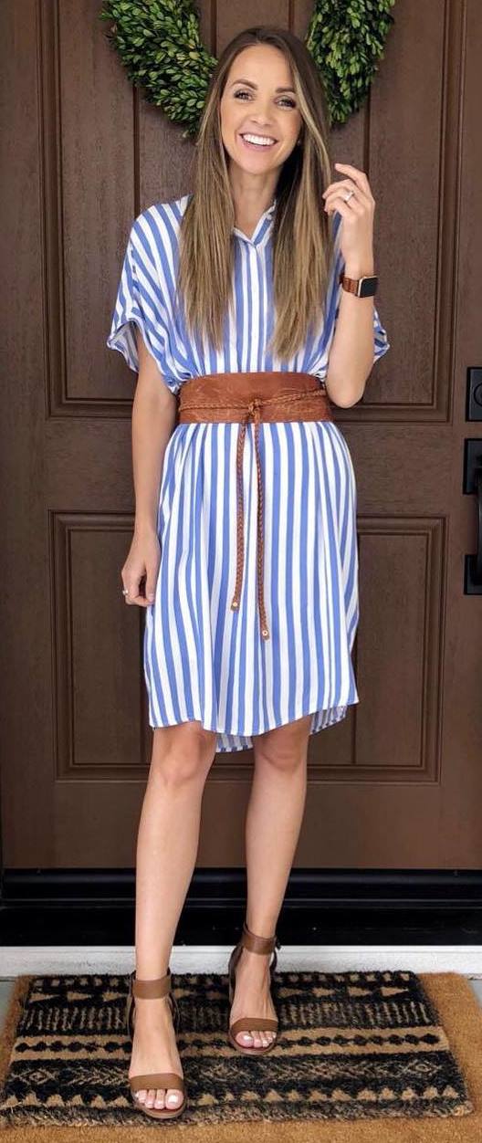 awesome summer outfit / striped dress + wide belt + sandals