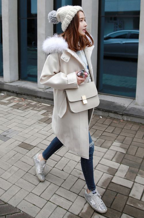 Basic Hooded Coat with Fur Ruff