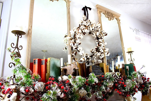 Rosevine Cottage, Christmas Decor, Decorating, Mantel Decor, Christmas Past, Vintage, Cotton, Flocked, Old Books,