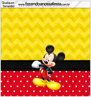 Mickey in Yellow, Zigzag and Red Background: Free Printable Candy Bar Labels.