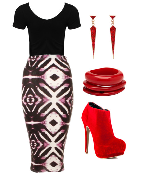 tribal print skirt with red accessories