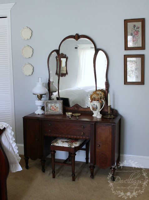 Guest Bedroom Vanity Stool Reupholstered with Kravet Guinevere Festival Toile; a french farmhouse pattern