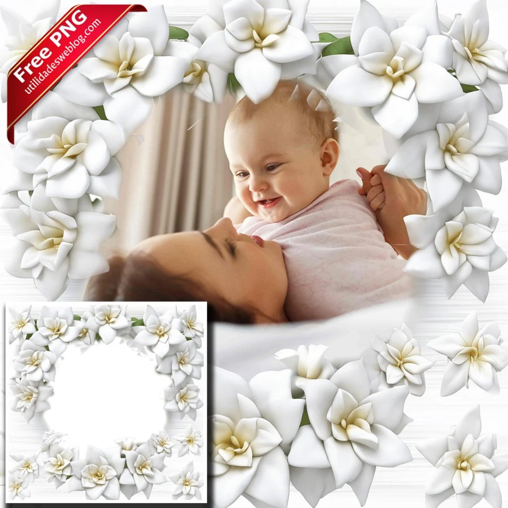 marco para fotos con flores de gardenia blancas en png con fondo transparente para descargar gratis