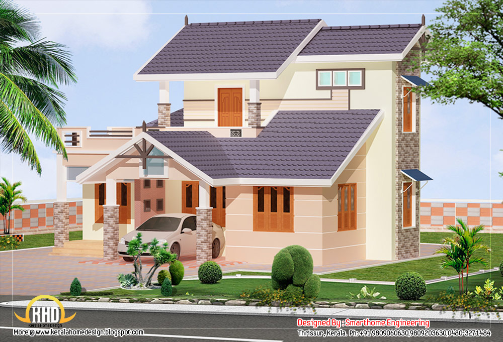  2  story  villa elevation design 1592 Sq Ft Kerala  