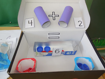 Aprendiendo a sumar con material reciclable - caja y conos de papel higiénico