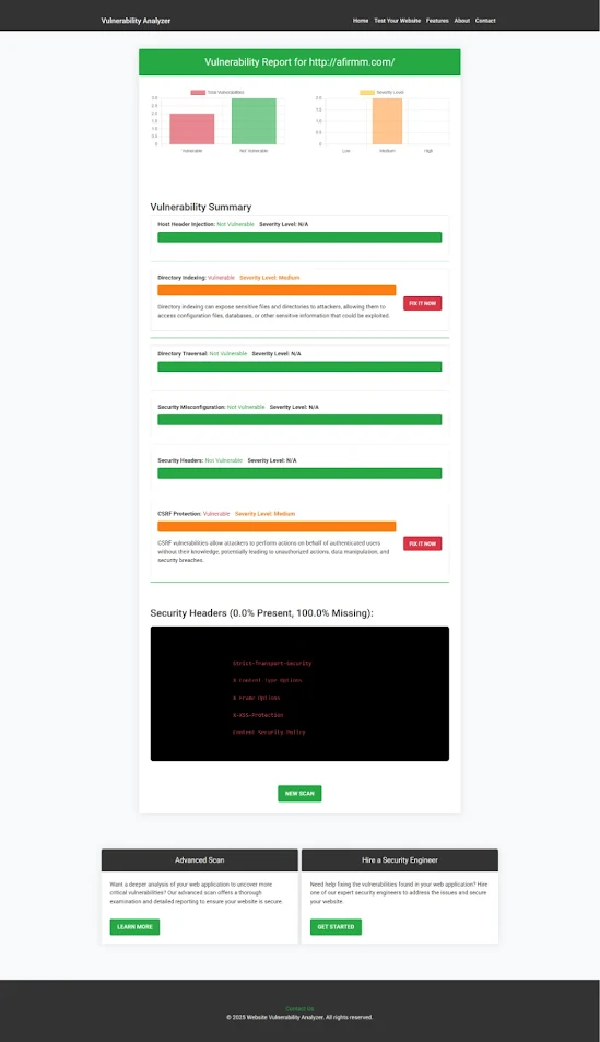 An Example of a vulnerability assessment report generated with our free tool, providing insights into possible vulnerabilities.