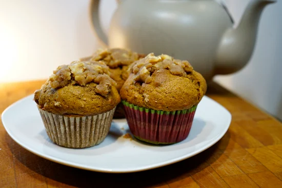 Pumpkin, Walnut and Date Muffins spiced with cinnamon, allspice and ginger.